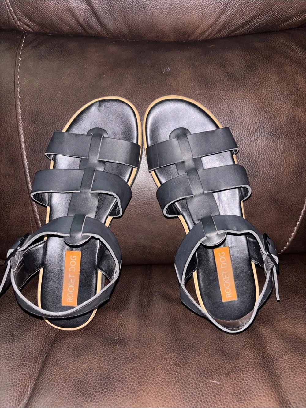 Rocket Dog Black Strappy Platform Sandals with Tan Striped Sole